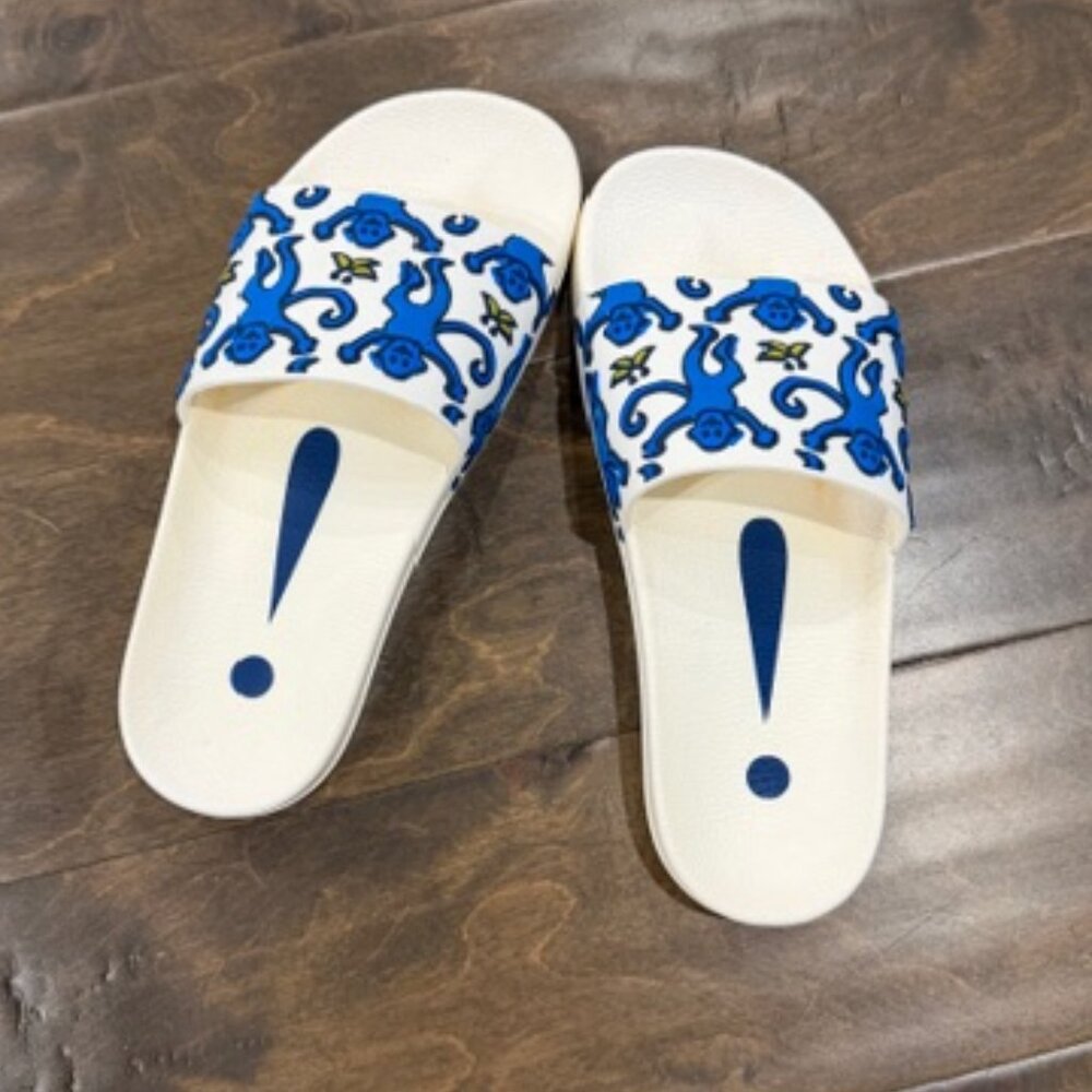 Roller Rabbit White Slides with Blue Monkey Print